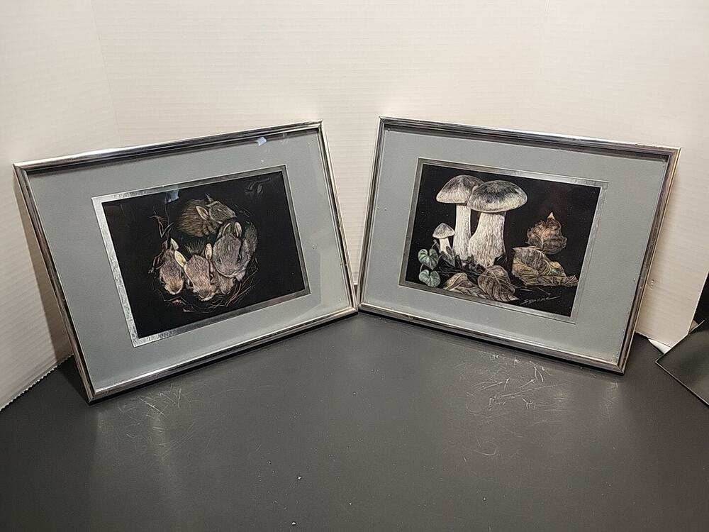Sally Miller 2 Framed Foiled Painted Art Singed, Baby Rabbits/ Mushroom Leaves